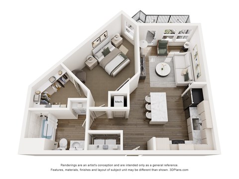 Floor plan for 1 bed, 1 bath, 770 sqft